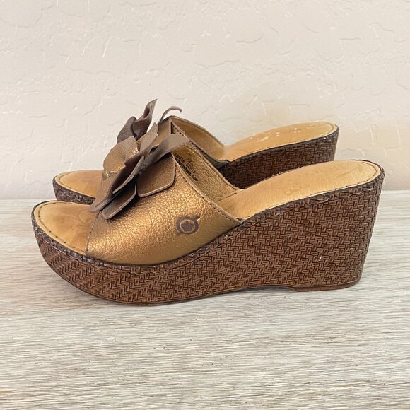 Born 7 Sandals Annette Bronze Brown Copper Leather Flower Platform Wedge Slides - Picture 6 of 12